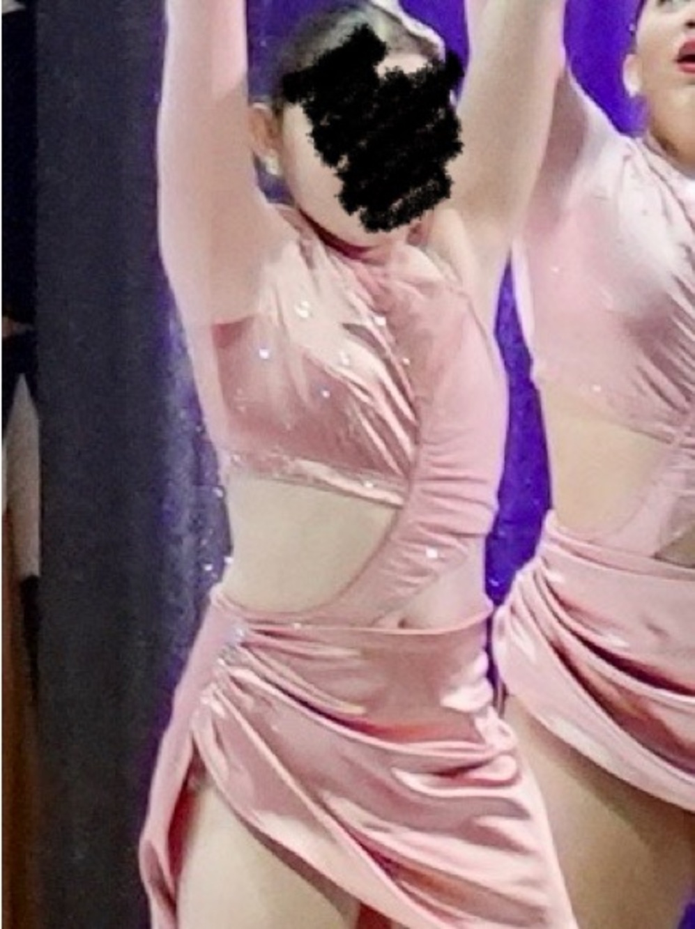 CXL Light Pink Satin Dance Costume with Sequins and Stones and Asymetrical Skirt